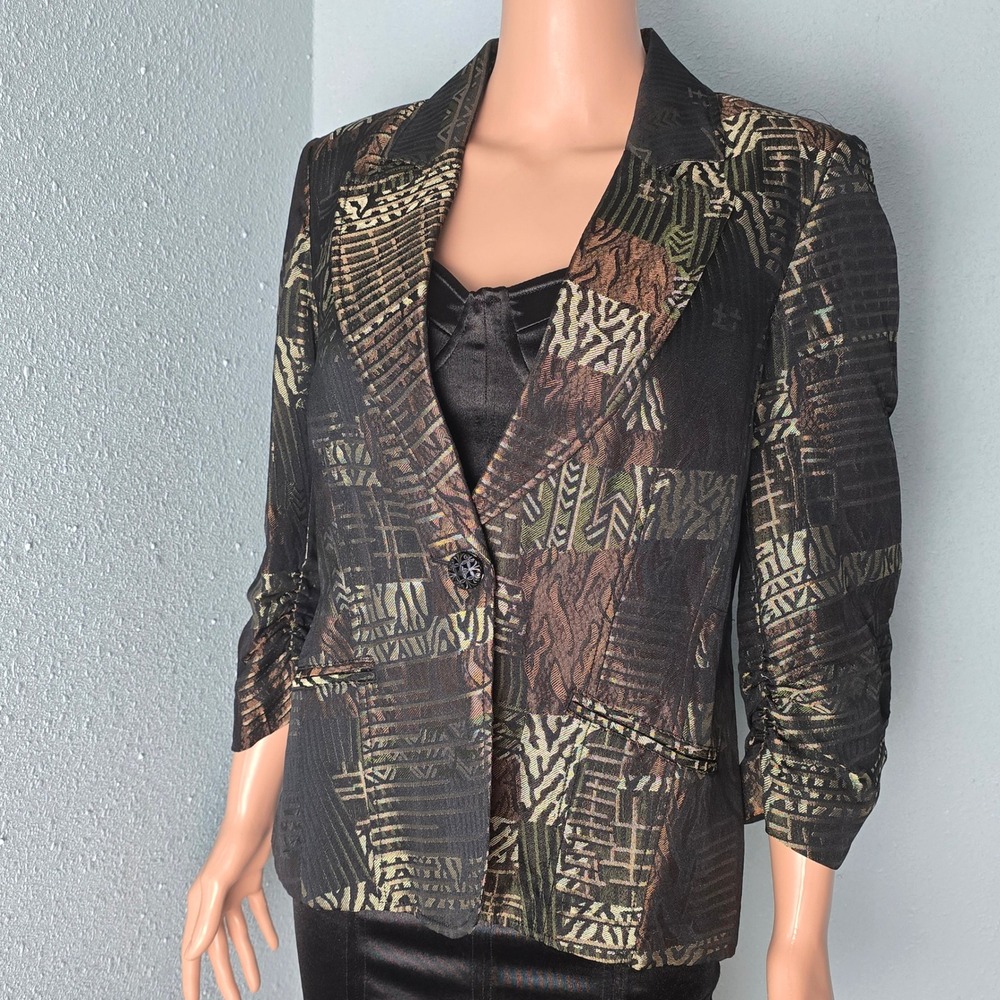 Chicos Metallic Jacquard Blazer Size 1 Medium Brown Abstract Ruched 3/4 Sleeve